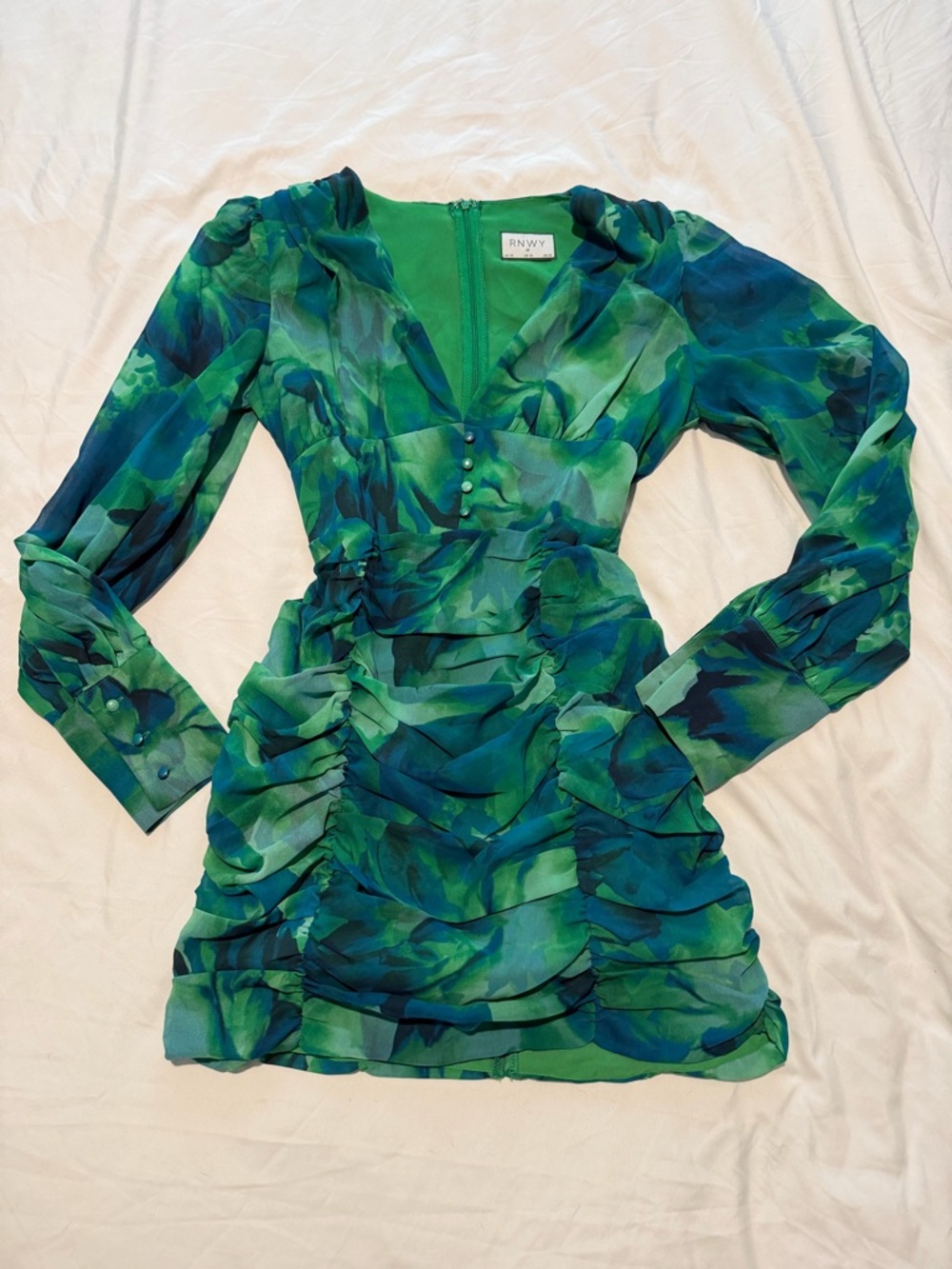 RNWY Abstract Print Ruched Bodycon Puff Sleeve Party Dress